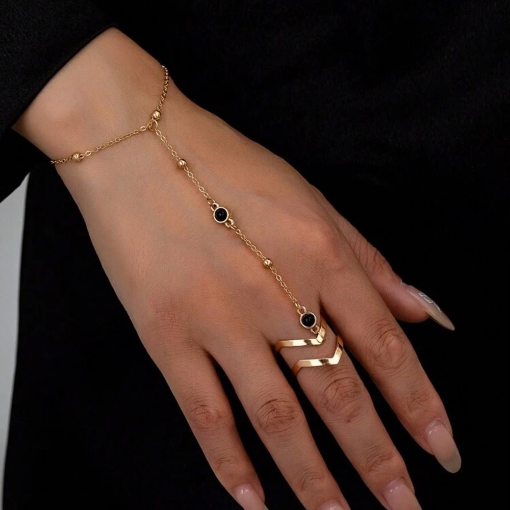 Gold and Black Hand Chain Bracelet w/ Adjustable Ring
